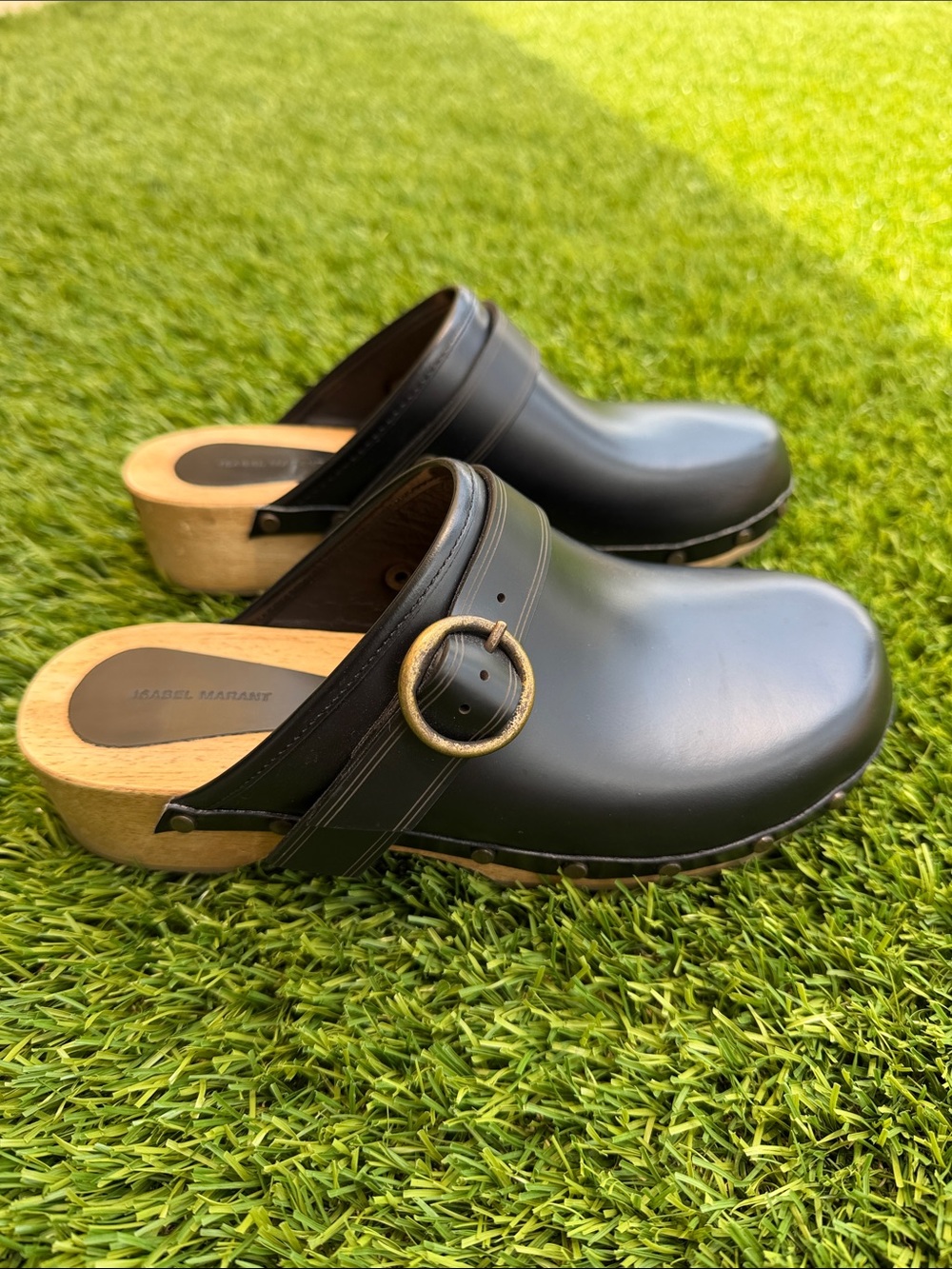 Isabel Marant Black Leather Clog Mules with Wood Platform and Buckle